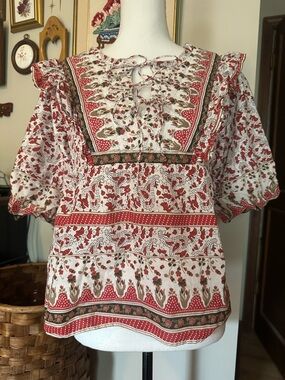 Calypso St. Barth red and cream floral blouse Indian print peasant boho